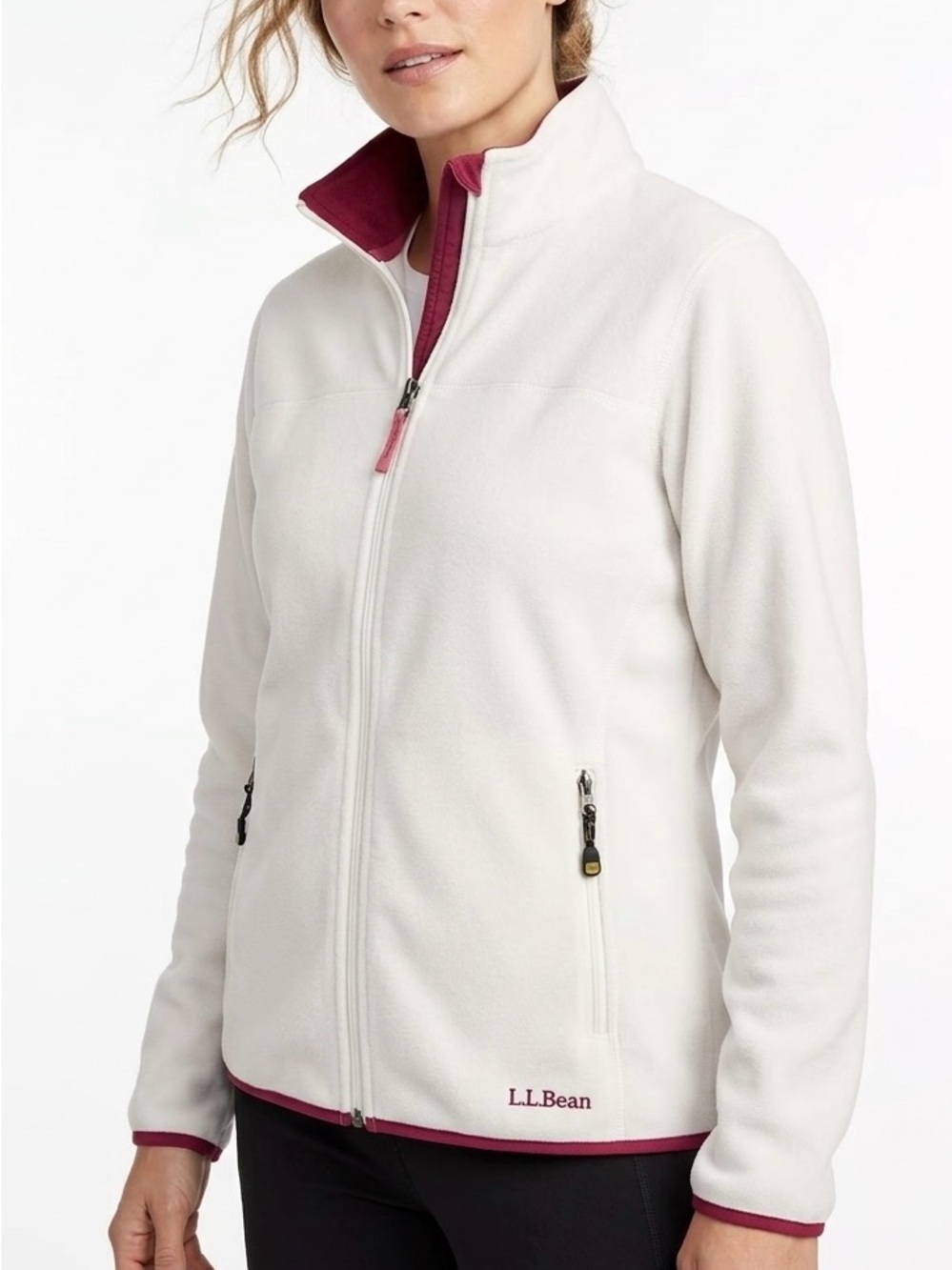LL Bean Cream Full Zip Polartec Fleece Jacket Maroon Trim SM Modern Prep